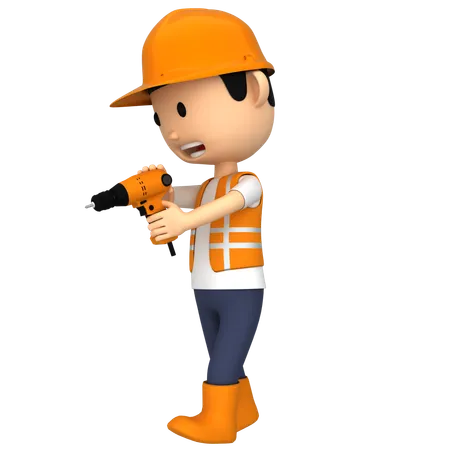 Worker holding Drill machine  3D Illustration