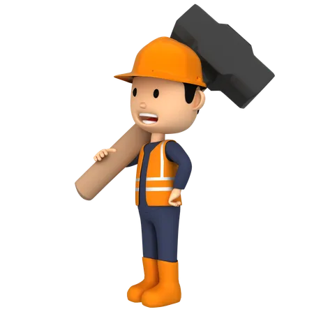 Worker holding Hammer  3D Illustration