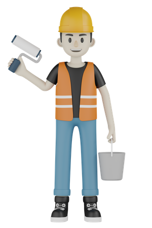 Worker Holding Paint Bucket  3D Illustration