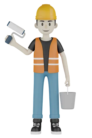 Worker Holding Paint Bucket  3D Illustration