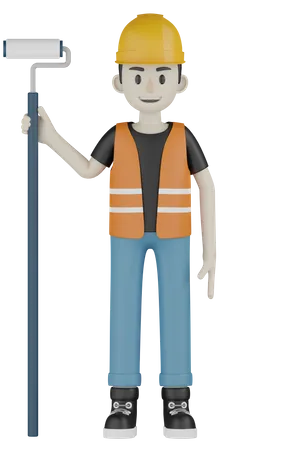 Worker Holding Roller Brush 3D Illustration