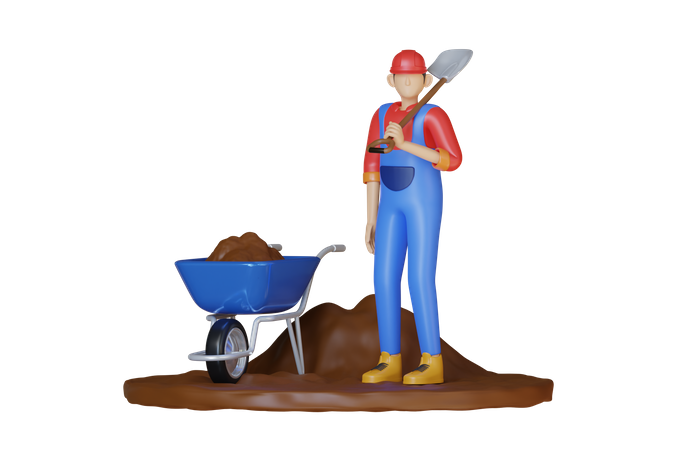Worker Holding Shovel 3D Illustration