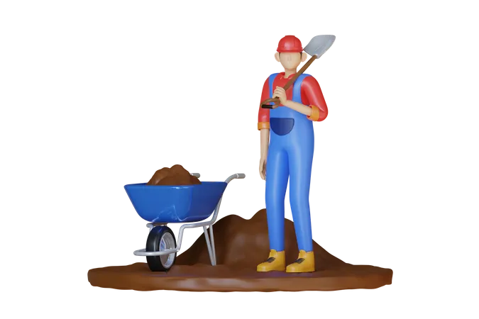 Worker Holding Shovel  3D Illustration