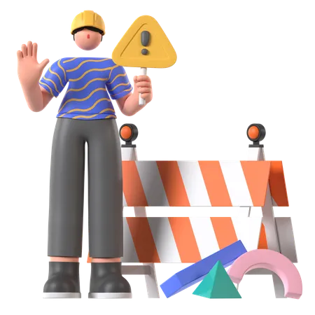 Worker holding Under Construction board  3D Illustration