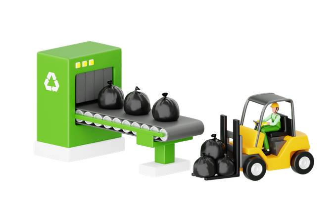 Worker Loading Trash On Factory Conveyor Belt  3D Icon