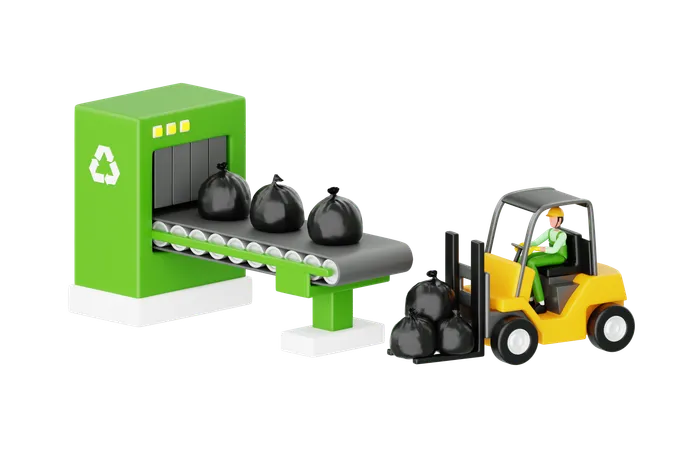 Worker Loading Trash On Factory Conveyor Belt  3D Illustration