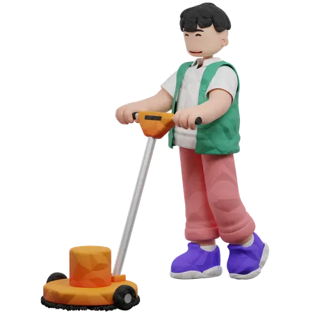 Worker Polishing Floor 3D Illustration