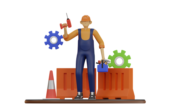 Worker with drill machine  3D Illustration