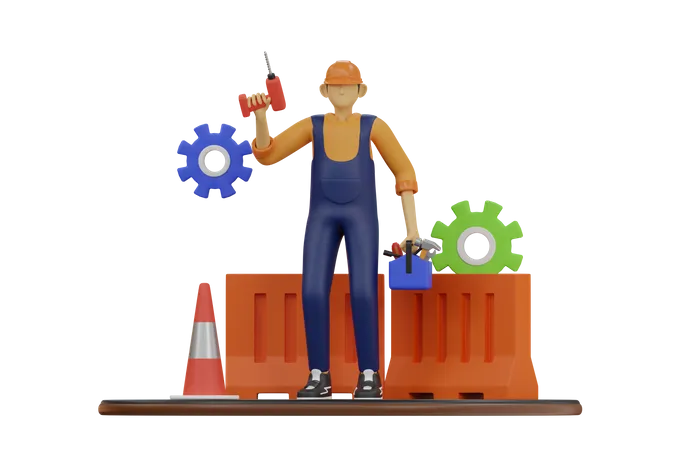 Worker with drill machine  3D Illustration