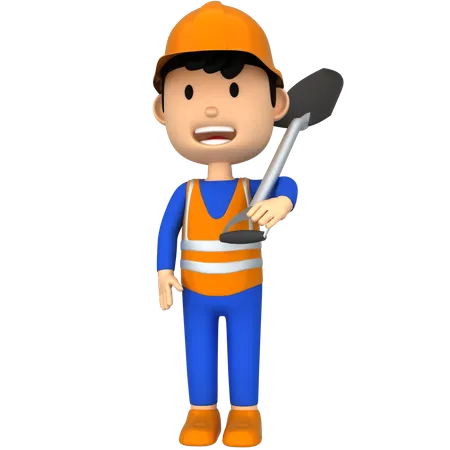 Worker with Shovel  3D Illustration