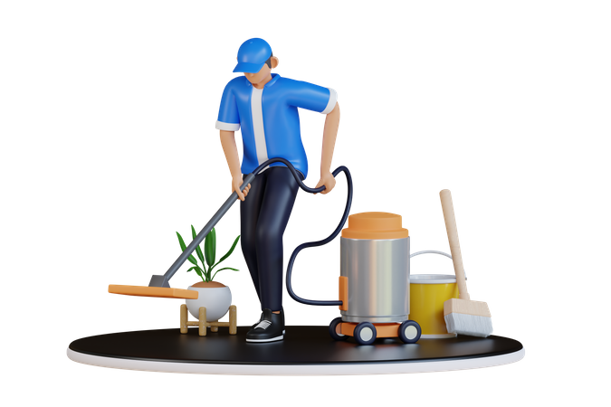 Worker with vacuum cleaner  3D Illustration