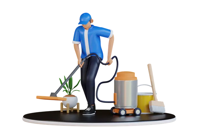 Worker with vacuum cleaner  3D Illustration