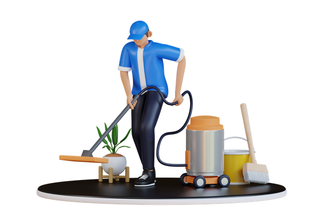 Worker with vacuum cleaner 3D Illustration