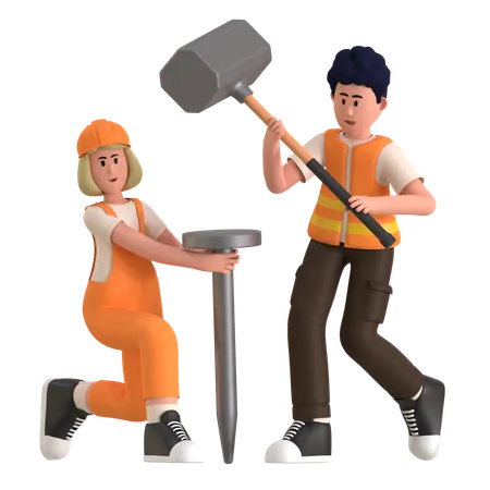 Worker Work With Hammer Nail  3D Illustration