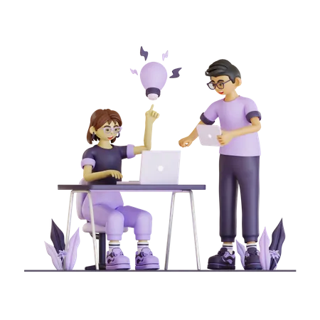 Working Couple Found An Ideas  3D Illustration