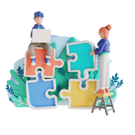 Working man and girl with jigsaw puzzles  3D Icon