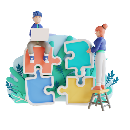 Working man and girl with jigsaw puzzles  3D Illustration