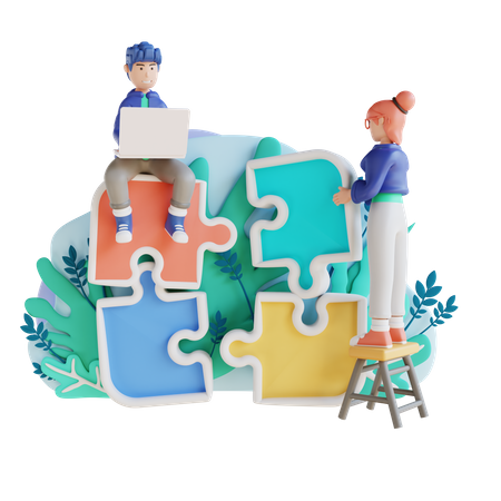 Working man and girl with jigsaw puzzles 3D Illustration