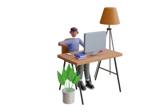 Working Man on laptop in office  3D Illustration