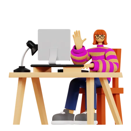 Working woman say hi at workpalce  3D Illustration