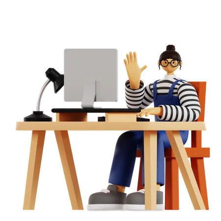 Working woman say hi at workpalce 3D Illustration