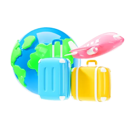 Suitcase With Earth And Plane Travel And Icons Concept 3D Icon