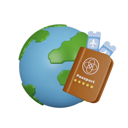 3 D Globe Airplane Ticket And Brown Passport Icon Identification Document Icon Isolated On White Background 3 D Rendering Illustration Clipping Path 3D Icon