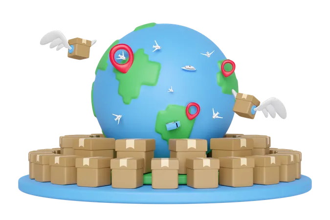 3 D Goods Cardboard Box With Wing Globe On Podium Pin Isolated Express Delivery Route Worldwide Shipping Concept 3 D Illustration Render 3D Icon
