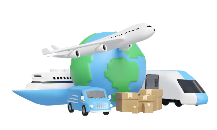 Worldwide Shipping Concept With Globe Airplane Van Boat Goods Box Isolated 3 D Render Illustration 3D Icon