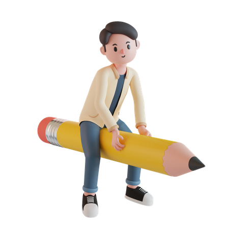 Writer riding a pencil 3D Illustration