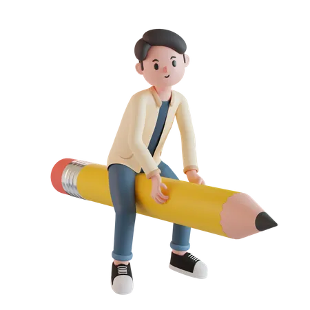 Writer riding a pencil  3D Illustration