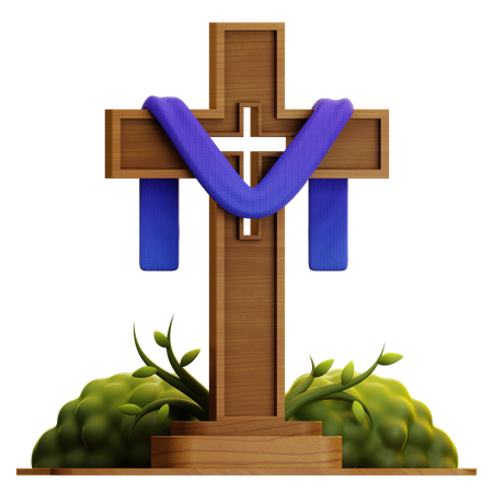 Cruz de madeira e xale com grama  3D Icon