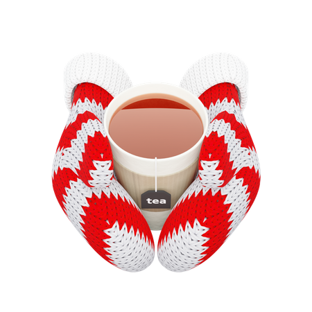 Xícara de chá quente em luvas vermelhas de malha  3D Illustration