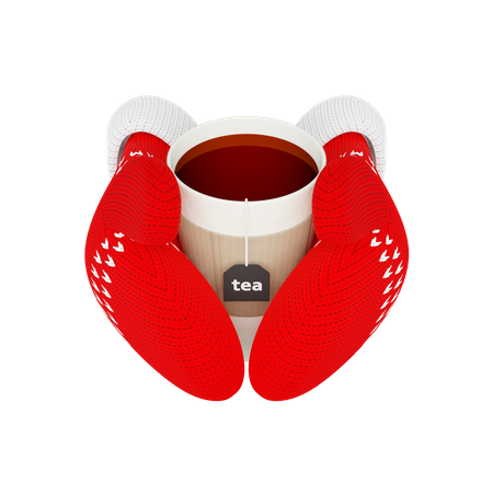 Xícara de chá quente em luvas vermelhas de malha  3D Illustration