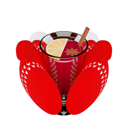 Xícara de vinho quente em luvas listradas de malha  3D Icon