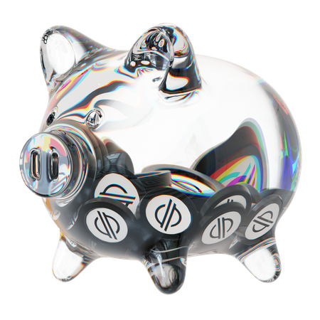 XLM-Sparschwein aus klarem Glas mit abnehmendem Stapel an Kryptomünzen  3D Icon