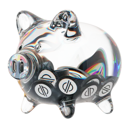 XLM-Sparschwein aus klarem Glas mit abnehmendem Stapel an Kryptomünzen  3D Icon