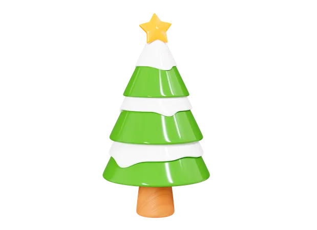 3 D Christmas Tree With Snow And Star Decoration Pine Tree Or Green Spruce Happy New Year Object Cartoon Creative Render Design 3D Icon