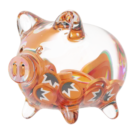 XMR-Sparschwein aus klarem Glas mit abnehmendem Stapel an Kryptomünzen  3D Icon