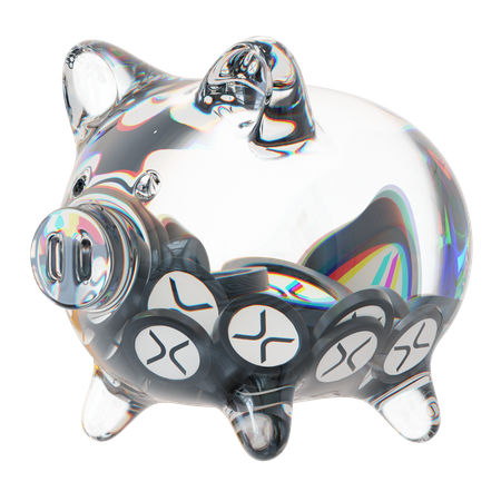 XRP-Sparschwein aus klarem Glas mit abnehmendem Stapel an Kryptomünzen  3D Icon