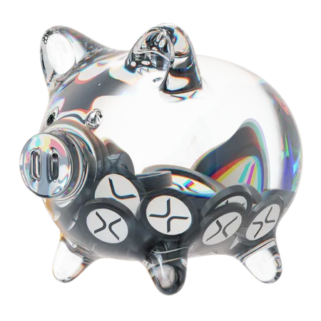 XRP-Sparschwein aus klarem Glas mit abnehmendem Stapel an Kryptomünzen  3D Icon