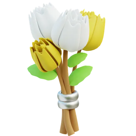 Elegant Bouquet Of Yellow And White Tulips With Silver Ribbon 3D Icon