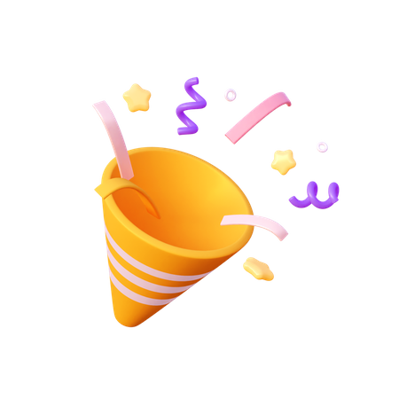 Yellow party popper with confetti 3D Illustration