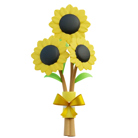 Cheerful Yellow Sunflowers Bouquet With Yellow Ribbon 3D Icon