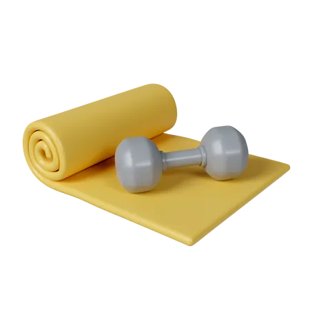 3 D Yellow Yoga Mat With Dumbbell Fitness And Health Exercise Equipment Icon Isolated On Yellow Background 3 D Rendering Illustration Clipping Path 3D Icon