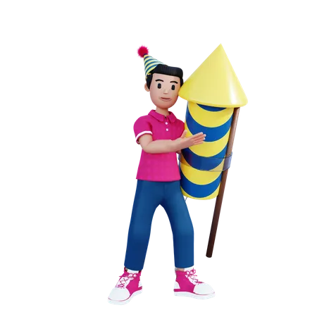 Young Boy Carrying Big Rocket 3D Illustration