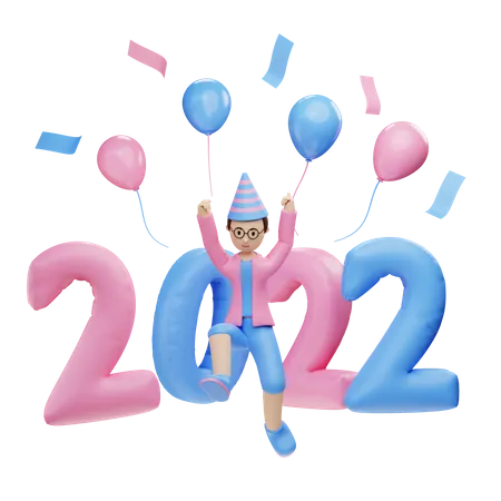 Young boy celebrate 2022 new year 3D Illustration