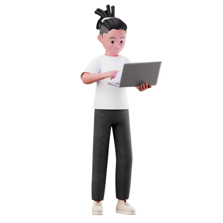 Young Boy Character Using a Laptop  3D Illustration