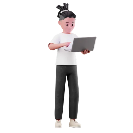 Young Boy Character Using a Laptop  3D Illustration