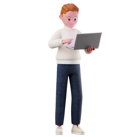 Young Boy Character Using A Laptop  3D Illustration